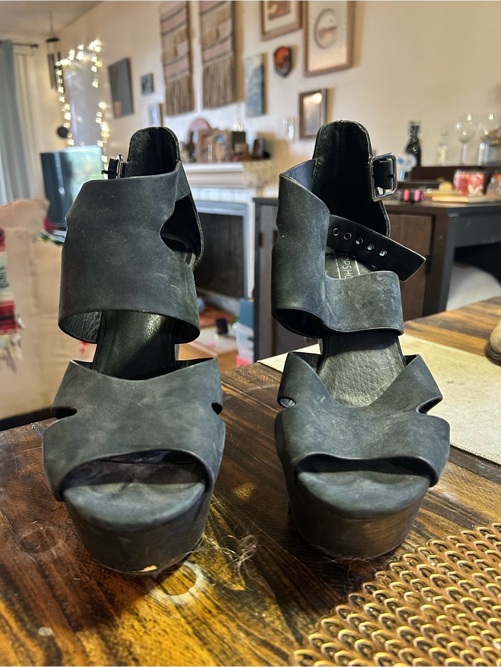 Topshop Black Platform Ankle-Strap Sandals